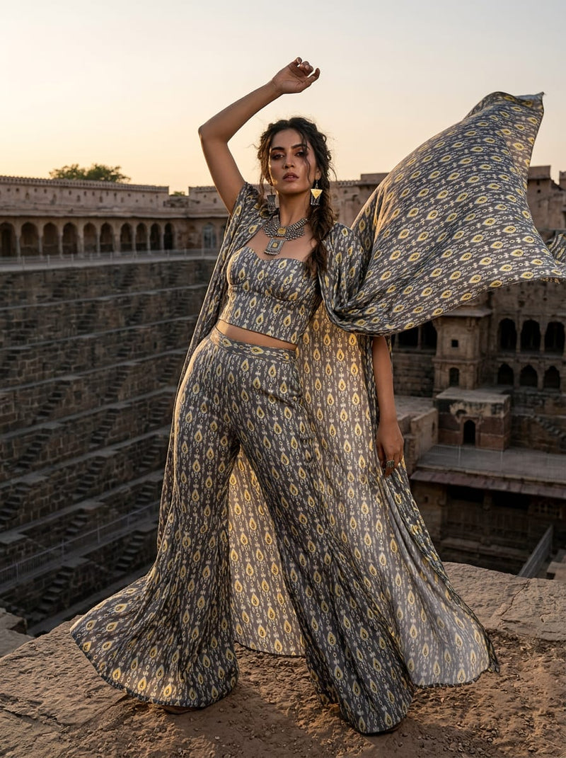 Grey Ethnic Ikat Style Pattern Upada Silk Digital Printed Fabric