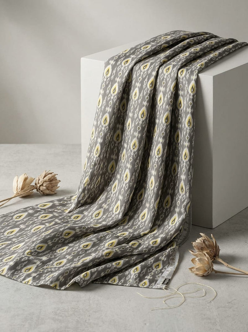Grey Ethnic Ikat Style Pattern Upada Silk Digital Printed Fabric