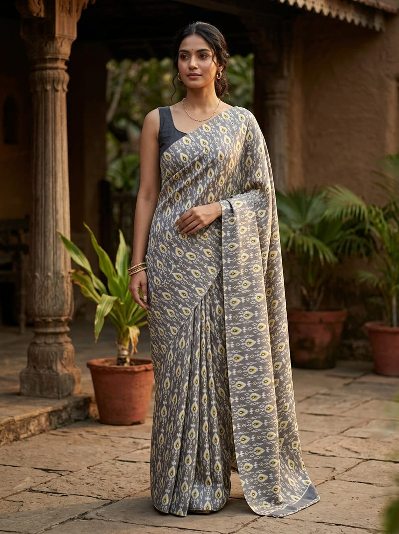 Grey Ethnic Ikat Style Pattern Upada Silk Digital Printed Fabric