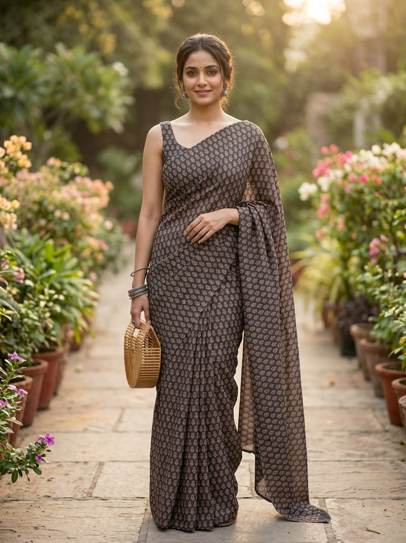 Black Small Ethnic Buti Weightless Digital Printed Fabric
