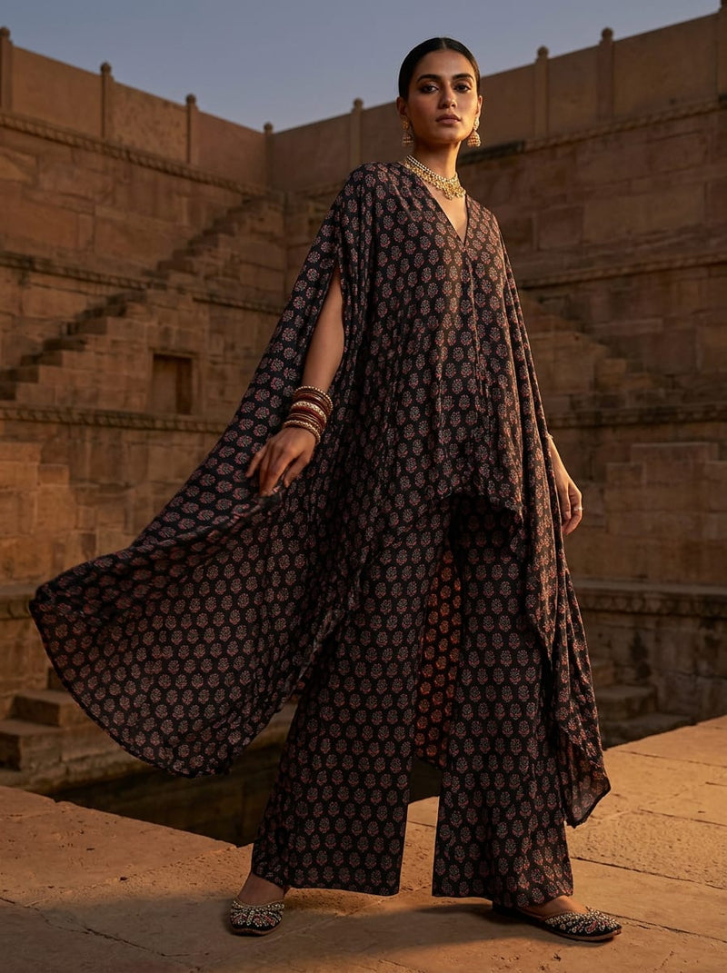Black Small Ethnic Buti Motif Silk Crepe Digital Printed Fabric