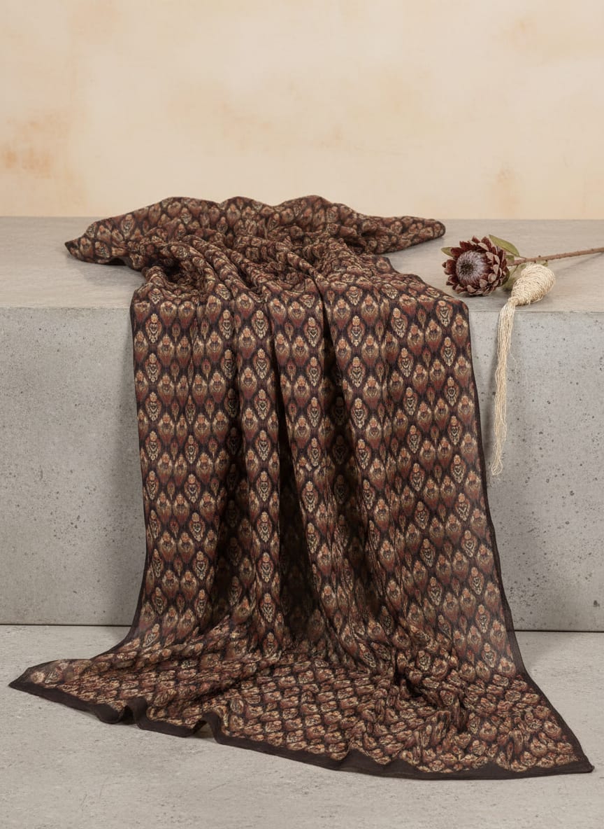 Multicolor Ethnic Ikat Pattern Kora Silk Digital Printed Fabric