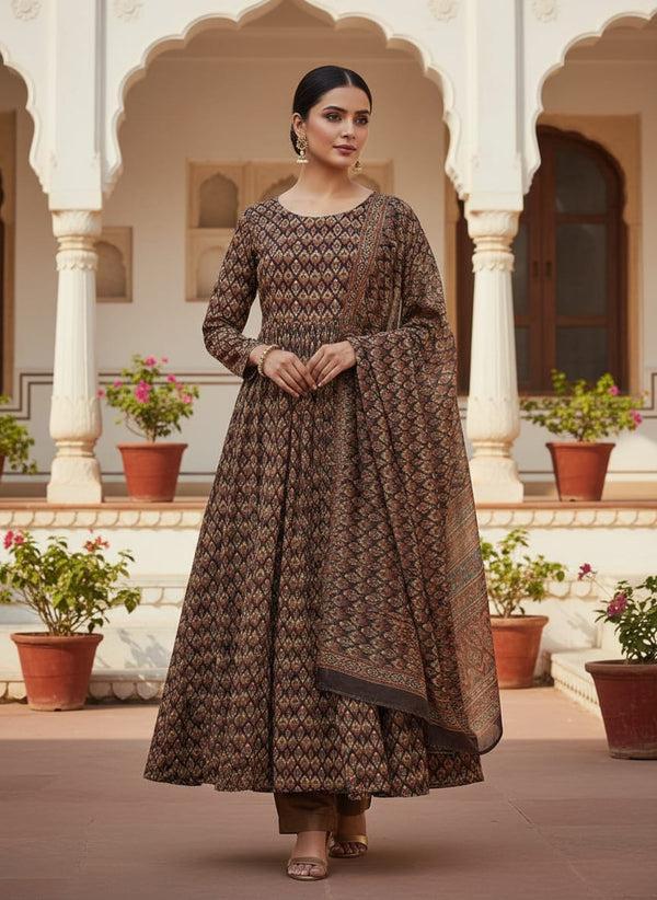 Decorative Vintage Ikat Repeat Digital Printed Fabric - Crepe - Anarkali Kurta Set Lookbook - CR-0-MA0473-110 - alternate view