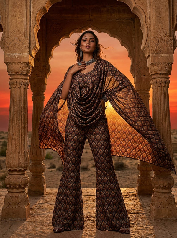 Multicolor Ethnic Ikat Geometric Pattern Upada Silk Digital Printed Fabric - Draped Cape with Flared Pants Lookbook - US-0-MA0473-110 - alternate view
