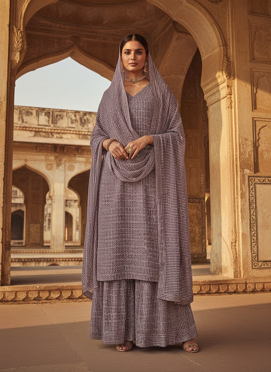 Seamless Link Abstract With Old Lavender Digital Printed Fabric - Pure Georgette