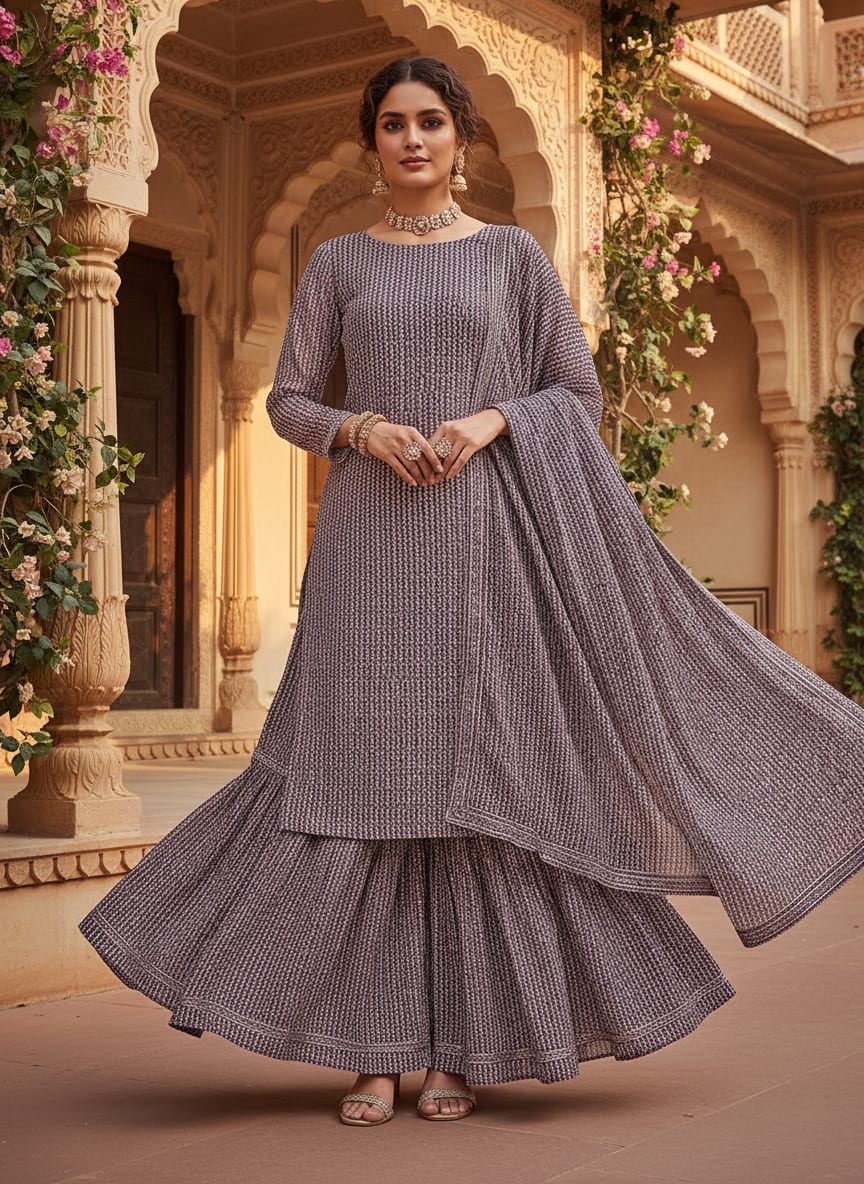Seamless Link Abstract With Old Lavender Digital Printed Fabric - Pure Georgette
