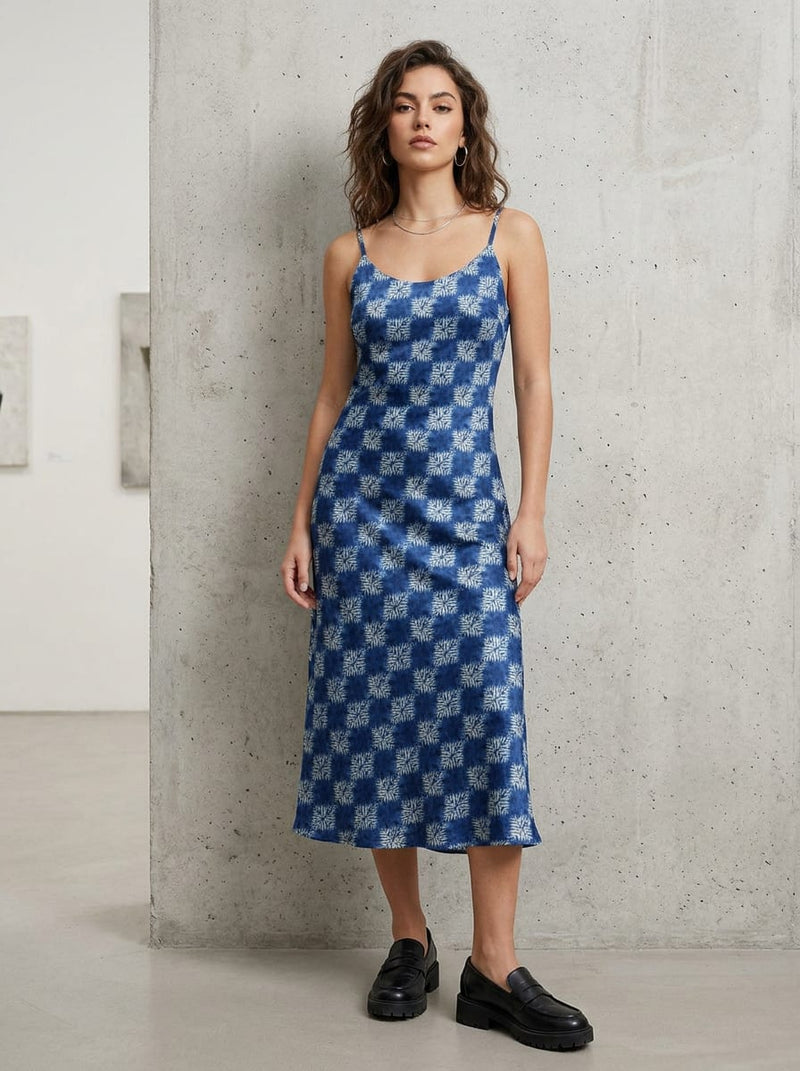 Blue Indigo Tie-Dye Checkered Pattern Japan Satin Digital Printed Fabric