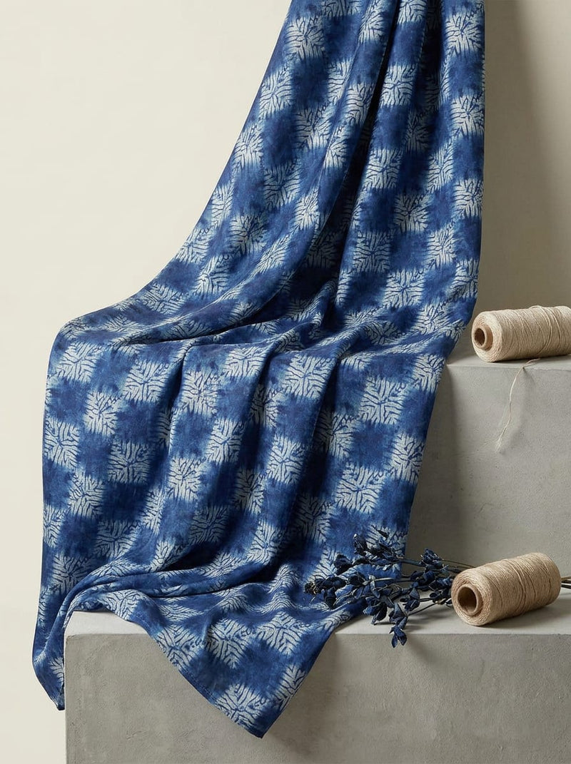 Blue Indigo Tie-Dye Checkered Pattern Japan Satin Digital Printed Fabric