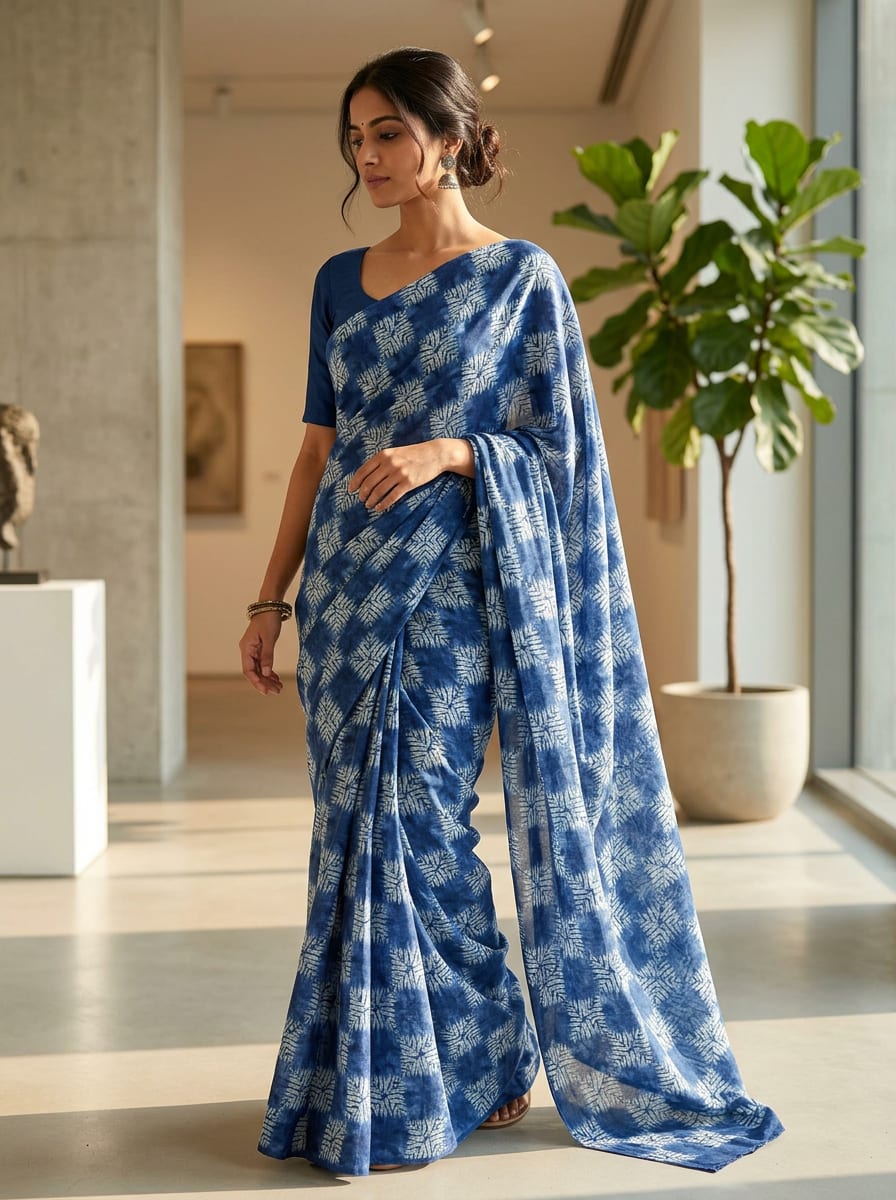 Blue Tie-Dye Checkered Botanical Silk Crepe Digital Printed Fabric