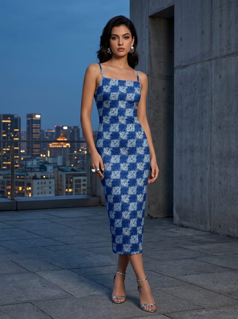 Blue Tie-Dye Checkered Botanical Silk Crepe Digital Printed Fabric