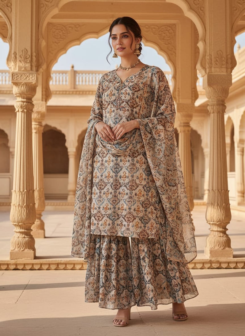 Multicolor Abstract Ethnic Ikat Pattern Pure Georgette Digital Printed Fabric
