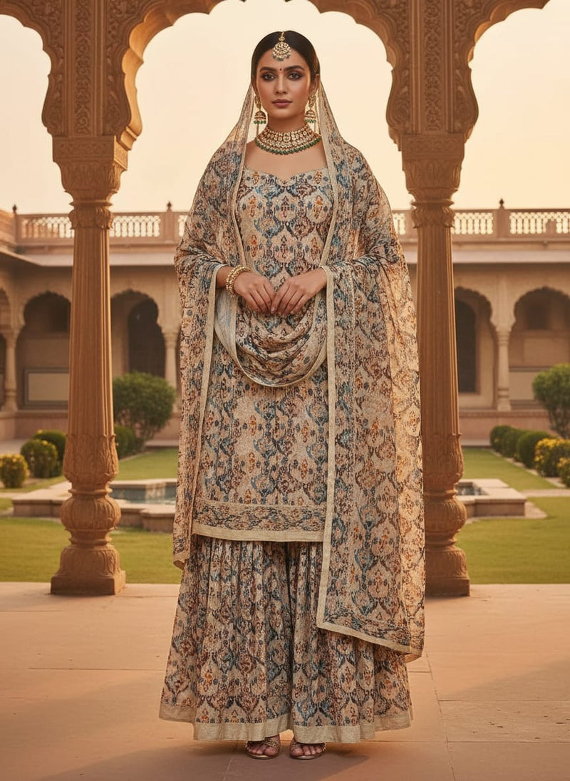 Multicolor Abstract Ethnic Ikat Pattern Pure Georgette Digital Printed Fabric