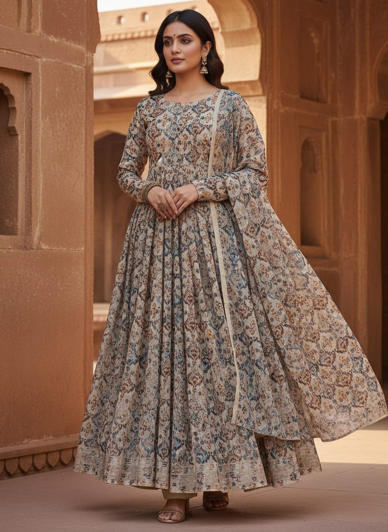 Multicolor Abstract Ethnic Ikat Pattern Pure Georgette Digital Printed Fabric