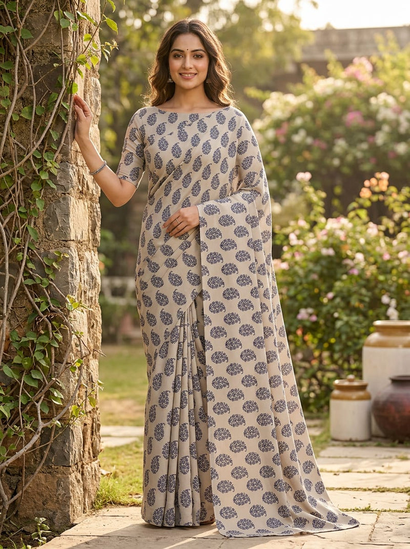 Cream Ethnic Floral Butta Rayon Digital Printed Fabric
