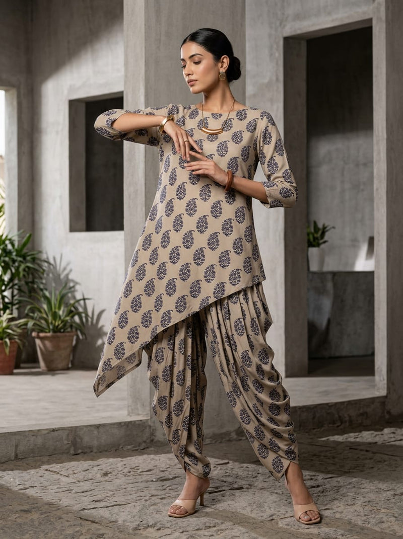 Cream Ethnic Floral Butta Rayon Digital Printed Fabric