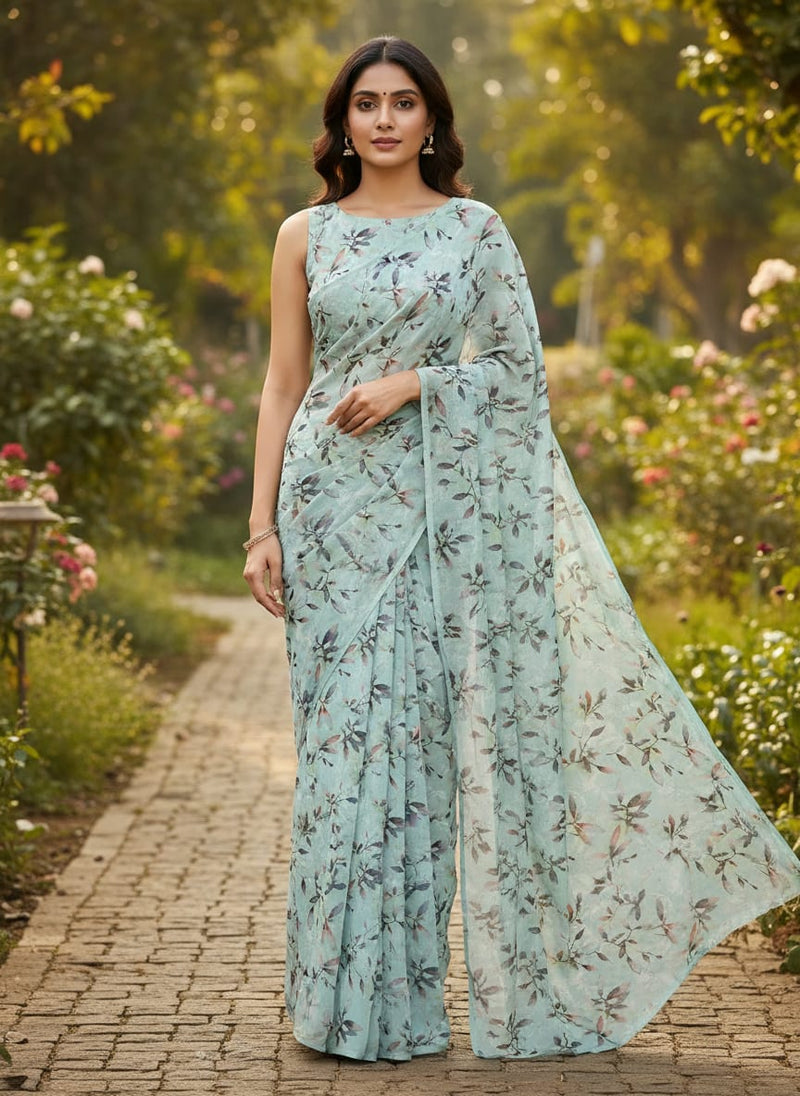 Bluish Thin And Light Leaves Digital Printed Fabric - Rayon