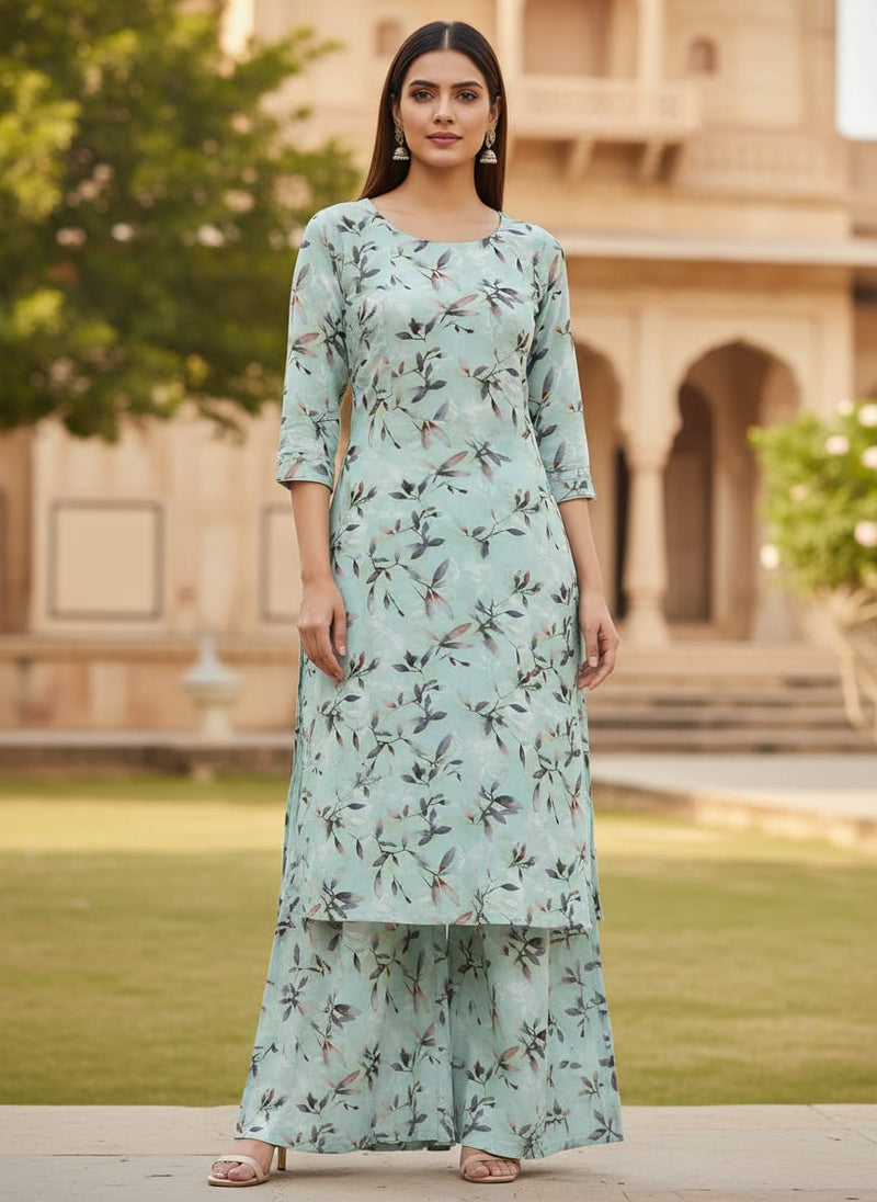Bluish Thin And Light Leaves Digital Printed Fabric - Rayon