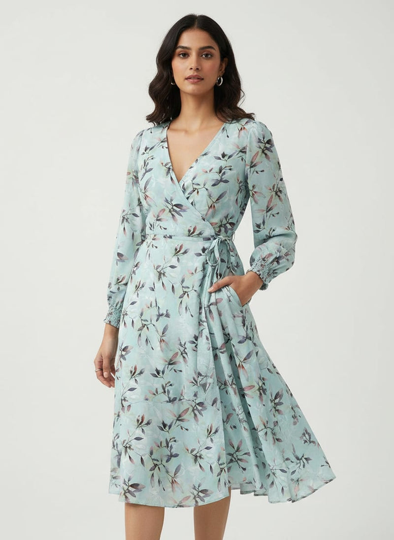 Bluish Thin And Light Leaves Digital Printed Fabric - Rayon