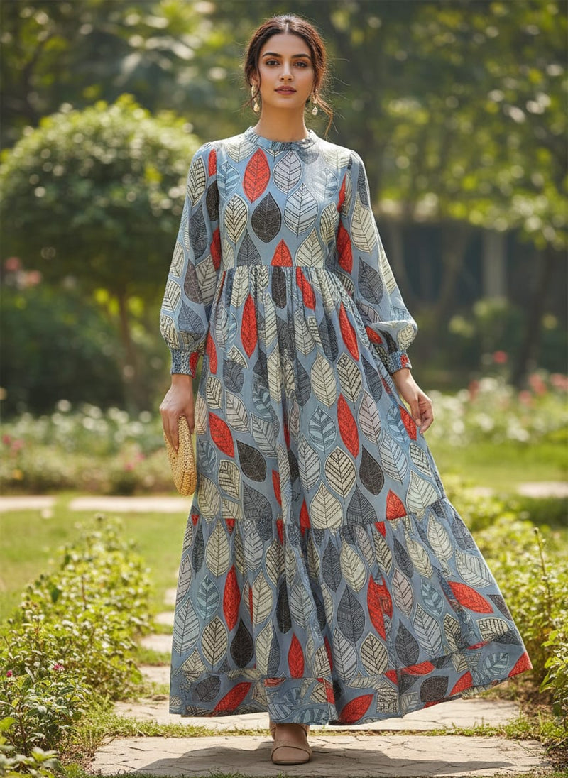 Blue Stylized Leaf Print Rayon Digital Printed Fabric