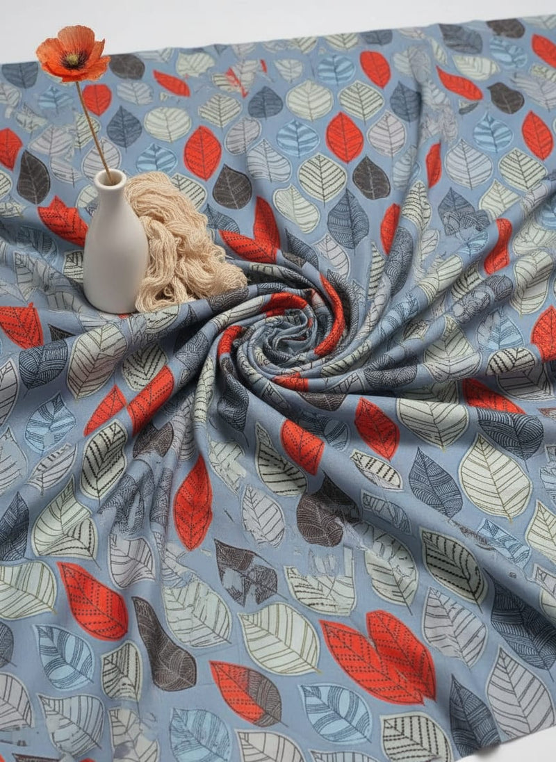 Blue Stylized Leaf Print Rayon Digital Printed Fabric