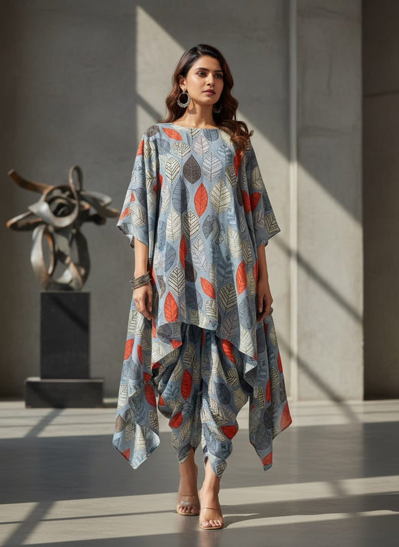Blue Stylized Leaf Print Rayon Digital Printed Fabric
