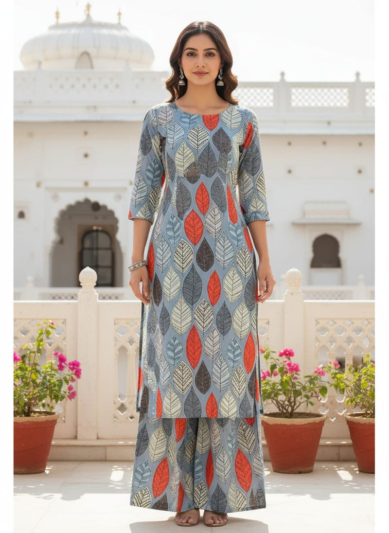 Blue Stylized Leaf Print Rayon Digital Printed Fabric