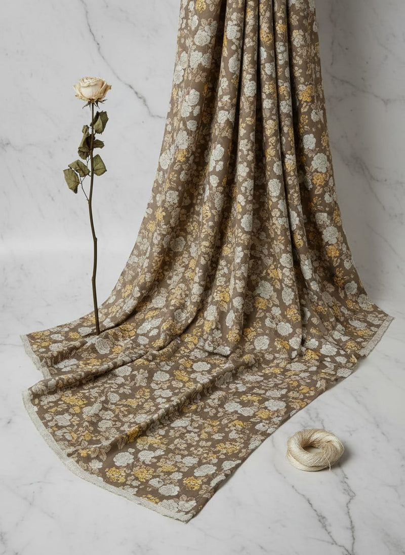 Brown Vintage Rose and Hydrangea Floral Rayon Digital Printed Fabric