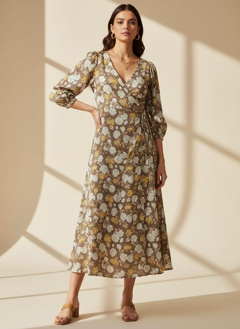 Beautiful Floral Vine Over Brown Base Digital Printed Fabric