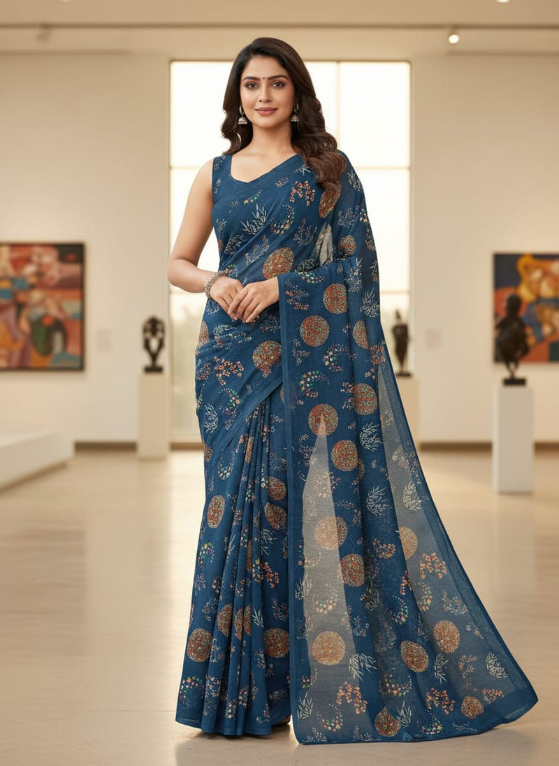 Navy Conversational Star and Medallion Print Rayon Digital Printed Fabric