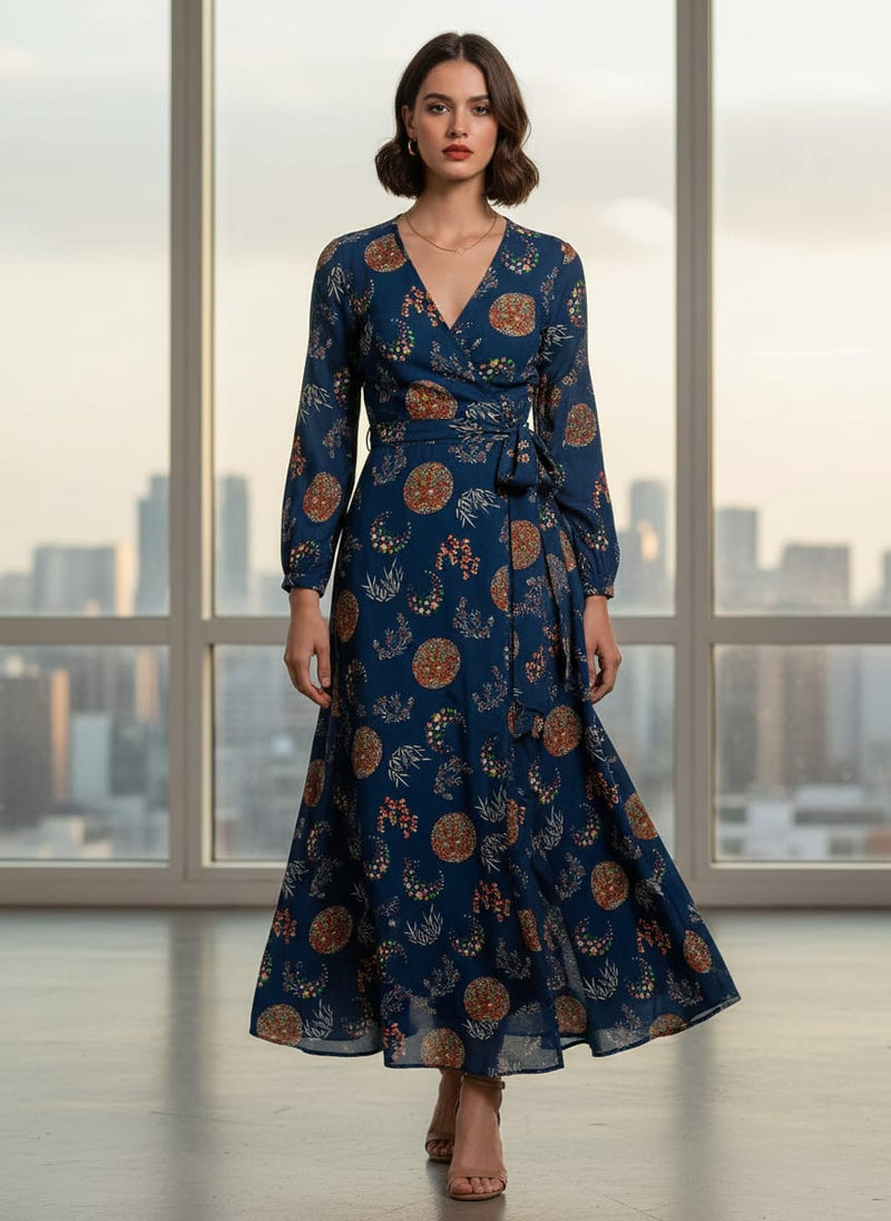 Navy Conversational Star and Medallion Print Rayon Digital Printed Fabric