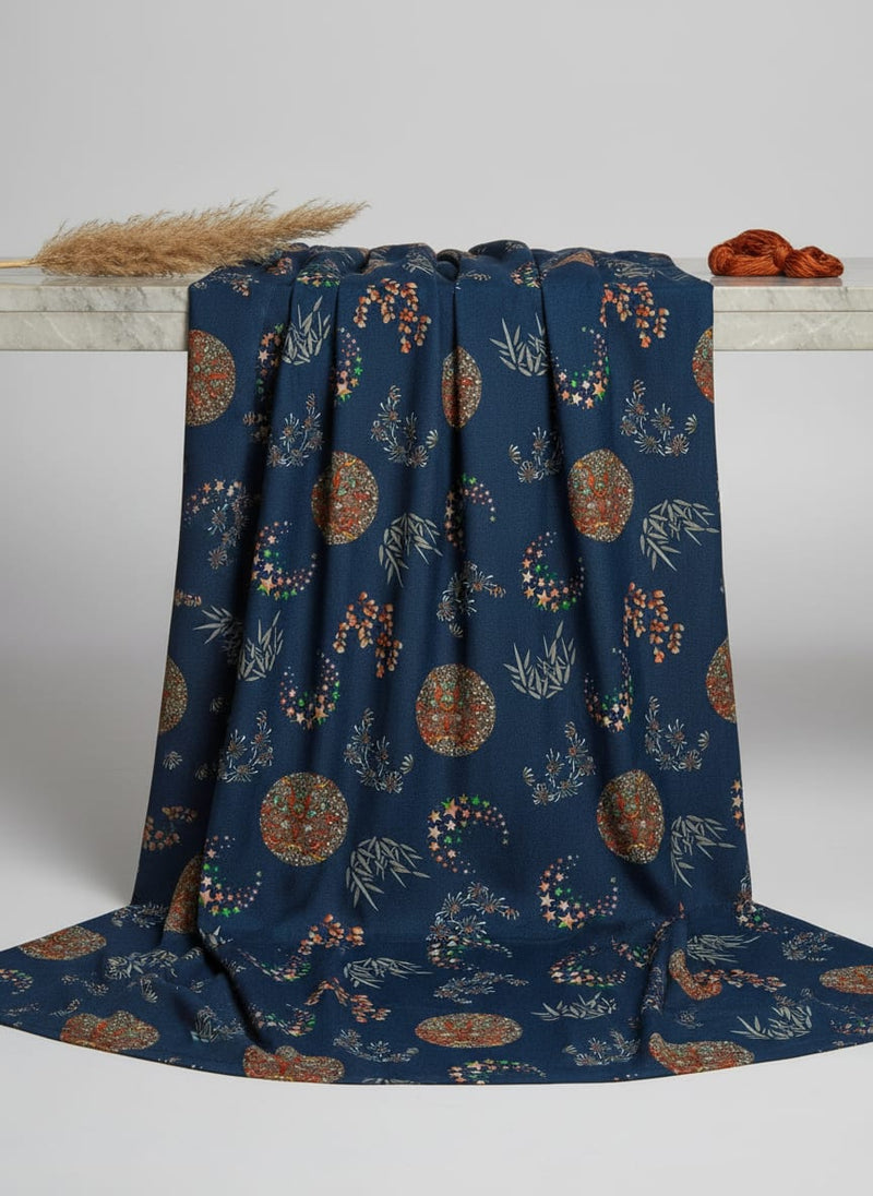 Navy Conversational Star and Medallion Print Rayon Digital Printed Fabric