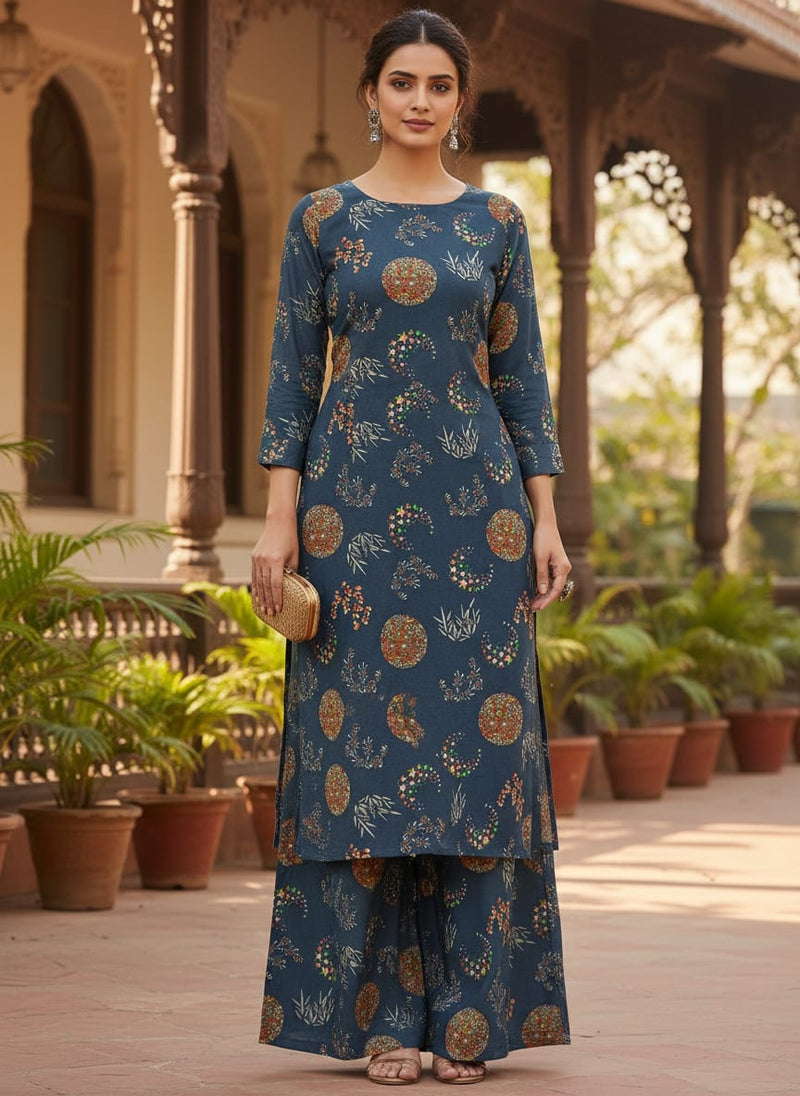 Beautiful Quirky Pattern over Blue Base Digital Printed Fabric