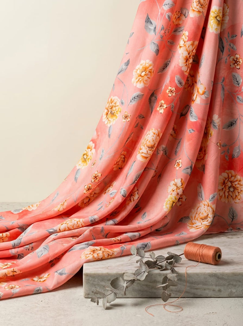 Pink Soft Peony and Chrysanthemum Floral Rayon Digital Printed Fabric
