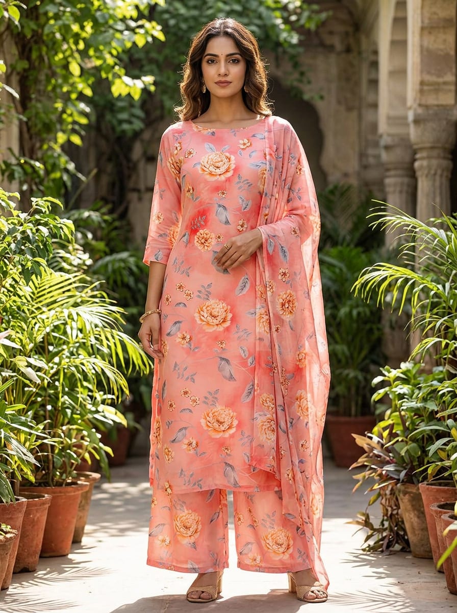 Pink Soft Peony and Chrysanthemum Floral Rayon Digital Printed Fabric
