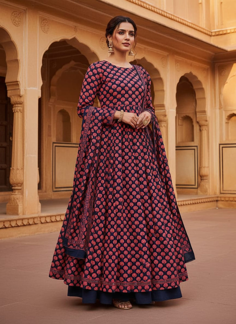 Beautiful Red Floral Over Dark Blue Base Printed Fabric