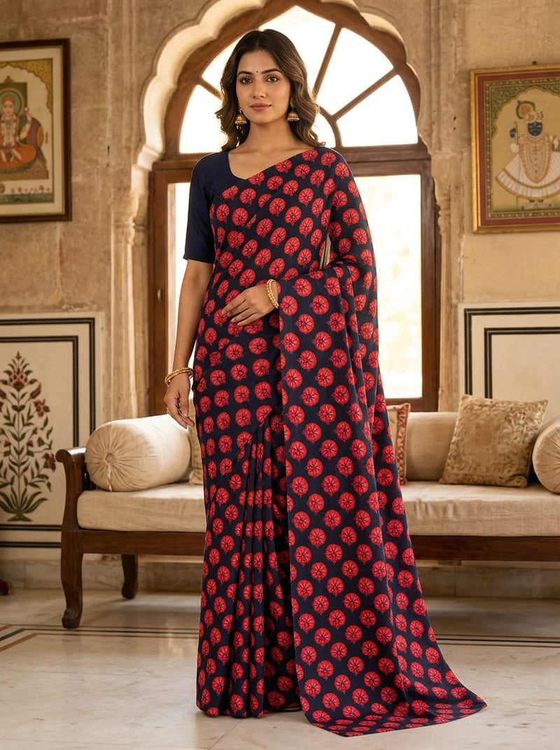 Navy Red Ethnic Floral Buti Motif Rayon Digital Printed Fabric