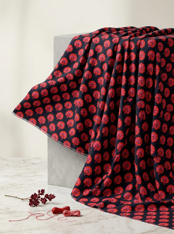Navy Red Ethnic Floral Buti Motif Rayon Digital Printed Fabric - Fabric Editorial Studio Flatlay Lookbook - RA-0-TA01245-110