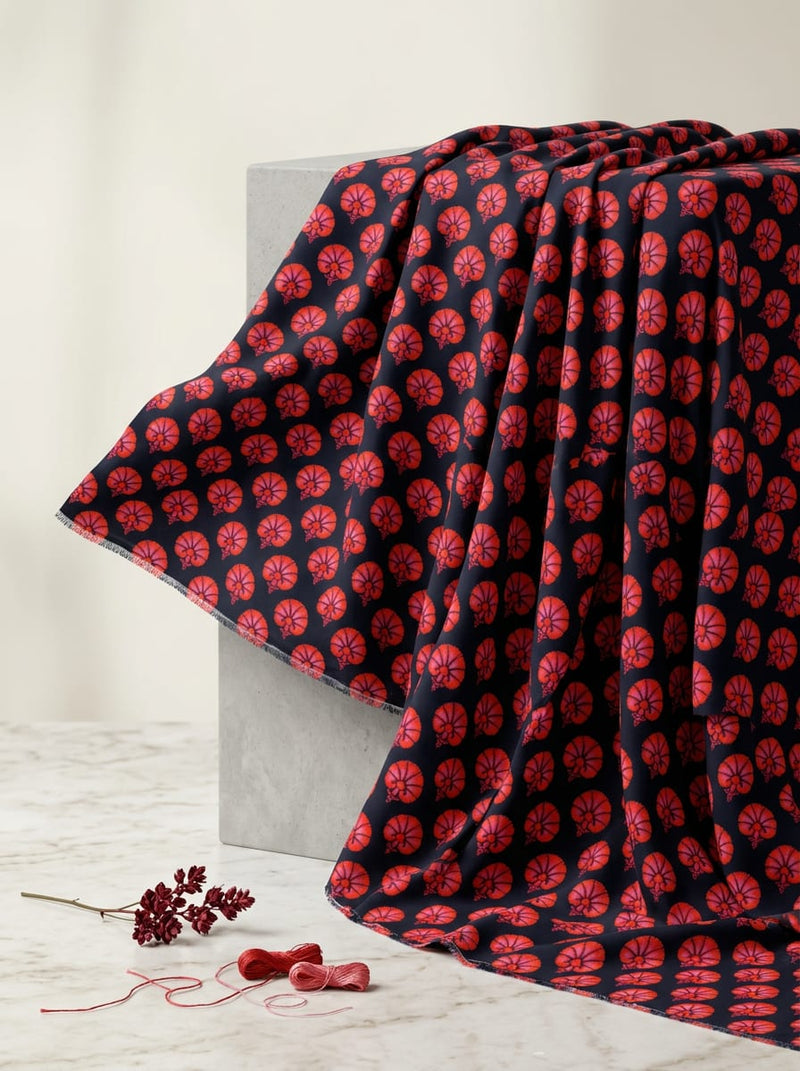 Navy Red Ethnic Floral Buti Motif Rayon Digital Printed Fabric