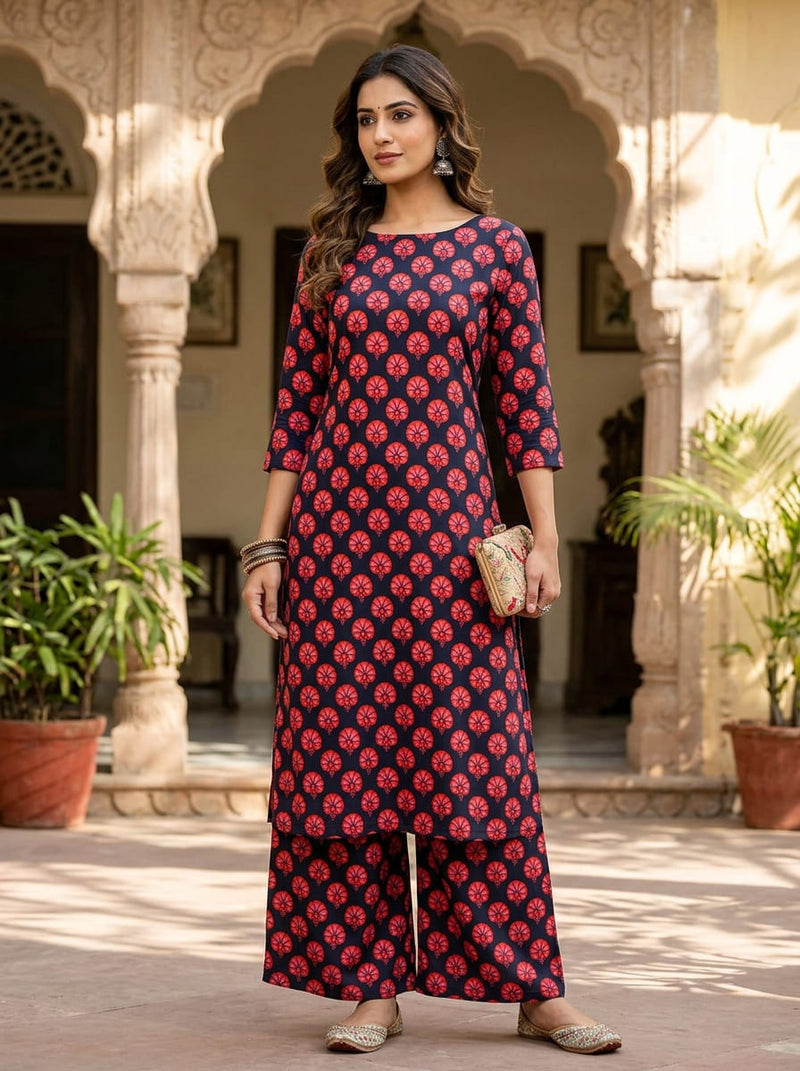 Navy Red Ethnic Floral Buti Motif Rayon Digital Printed Fabric