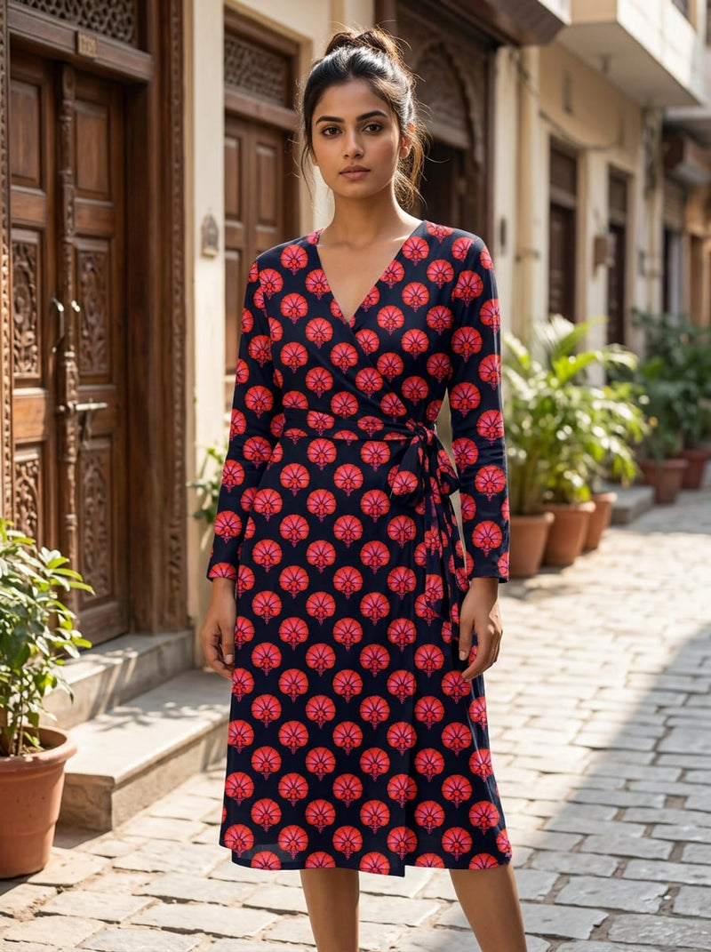 Navy Red Ethnic Floral Buti Motif Rayon Digital Printed Fabric