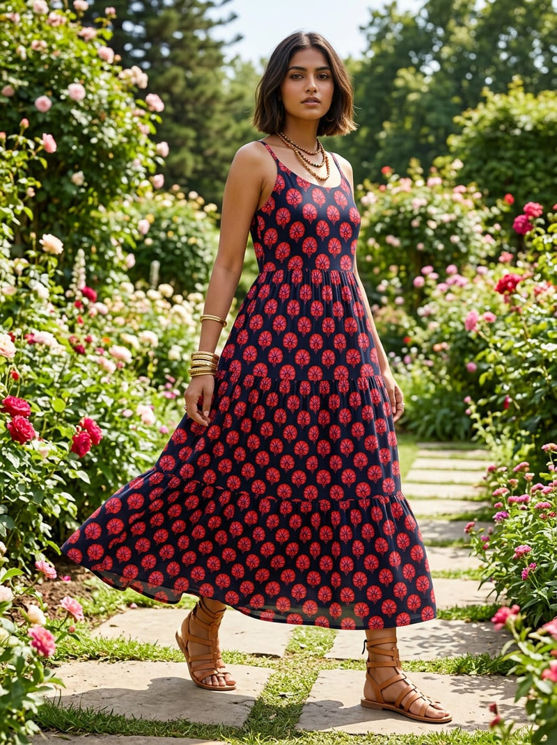 Navy Red Ethnic Floral Buti Motif Rayon Digital Printed Fabric