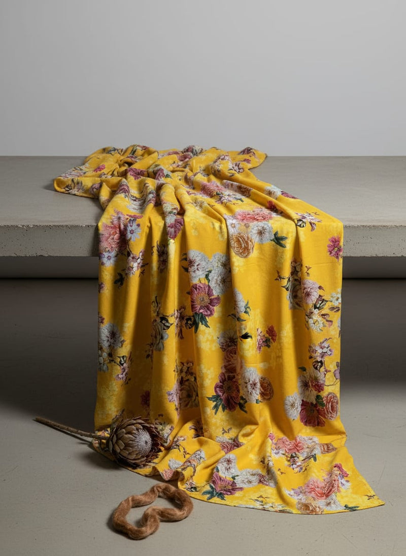 Beautiful Yellow Base Floral Bunch Digital Printed Fabric