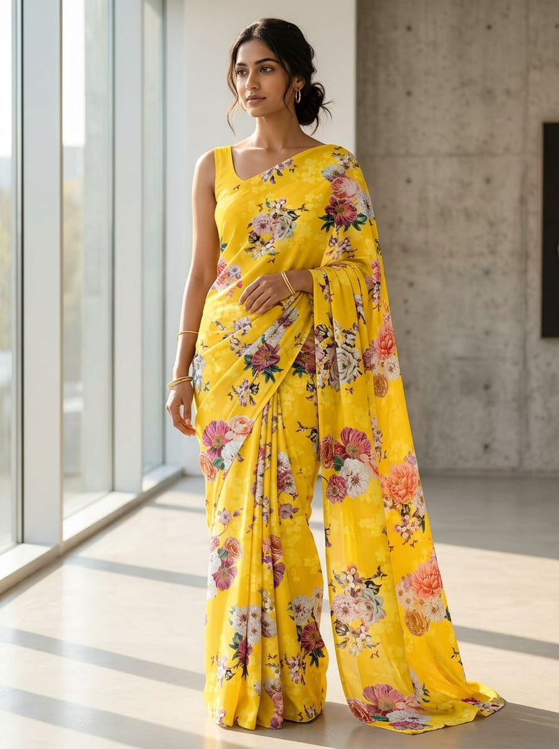 Yellow Vibrant Floral Bouquet Rayon Digital Printed Fabric