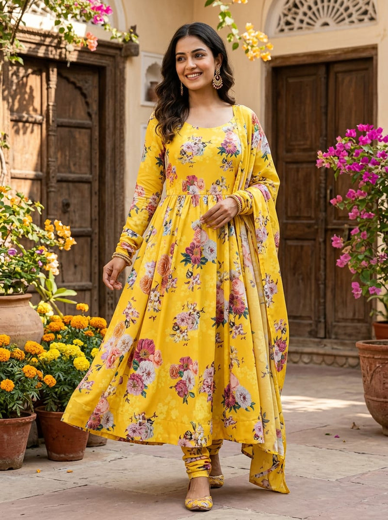 Yellow Vibrant Floral Bouquet Rayon Digital Printed Fabric