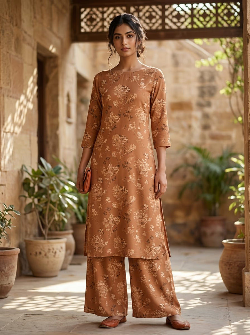 Brown Dainty Gypsophila Floral Rayon Digital Printed Fabric