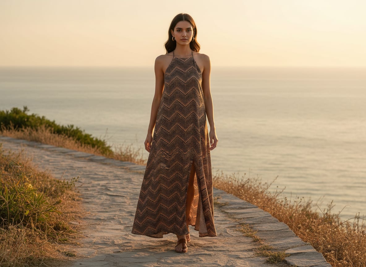 Brown Chevron Geometric Lines Rayon Digital Printed Fabric