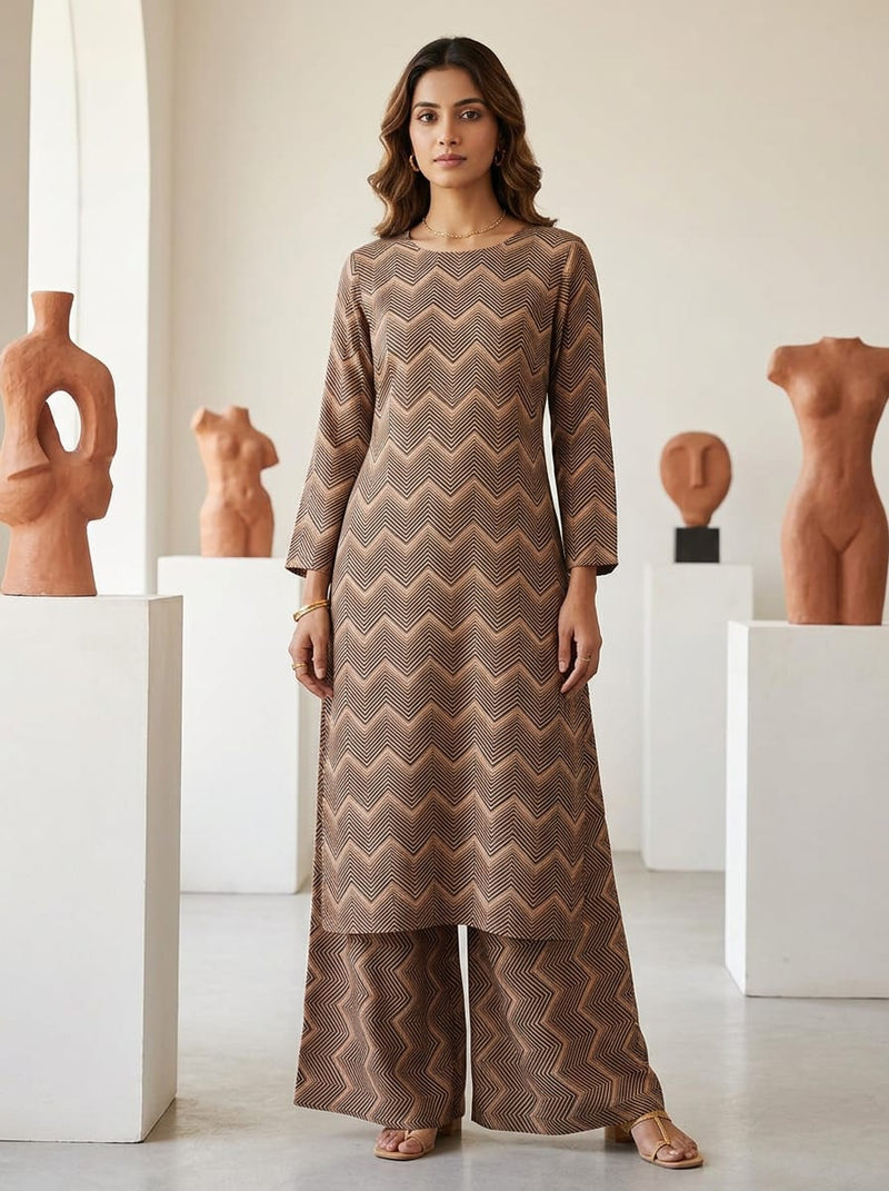 Brown Chevron Geometric Lines Rayon Digital Printed Fabric