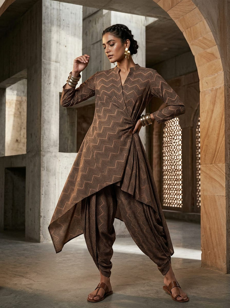 Brown Chevron Geometric Lines Rayon Digital Printed Fabric