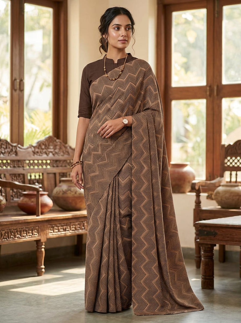 Brown Chevron Geometric Lines Rayon Digital Printed Fabric