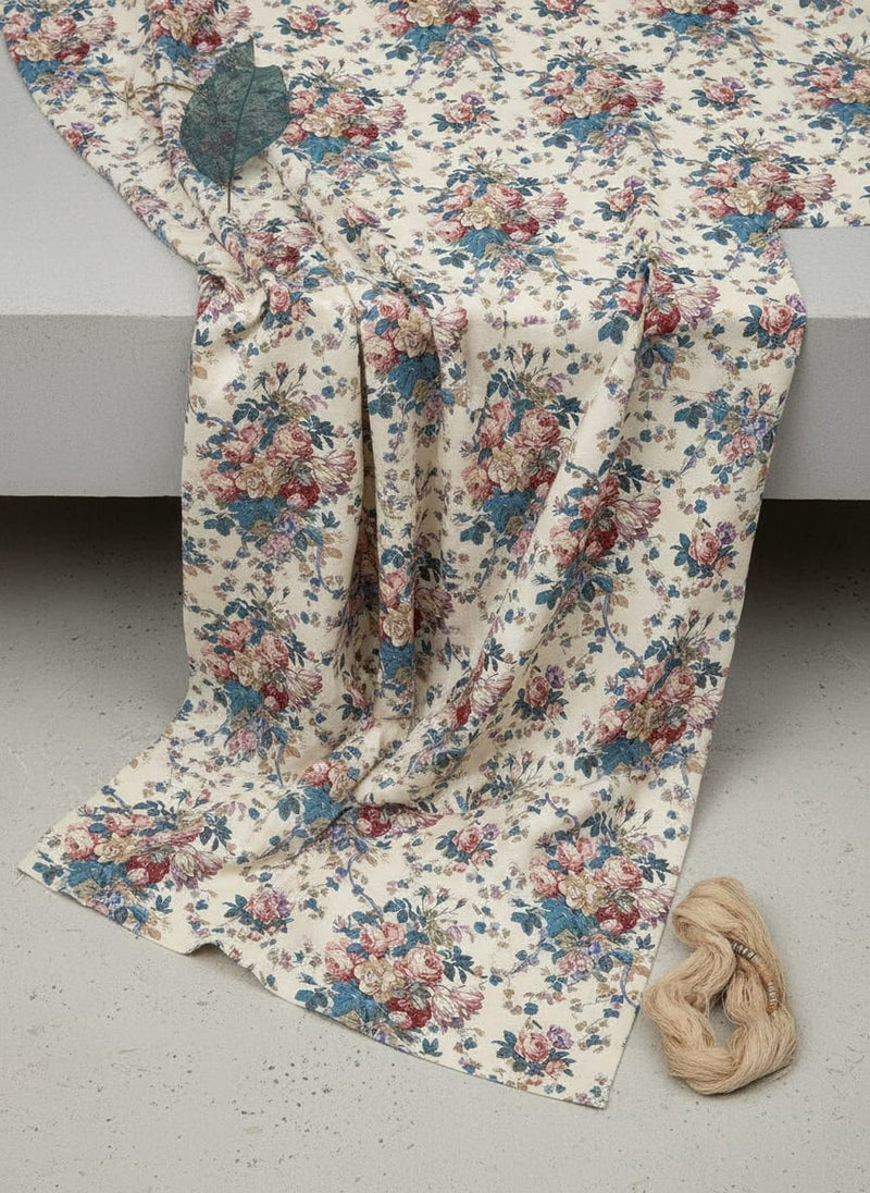 Beautiful Ditsy Flowers On Blue Digital Printed Fabric - Rayon